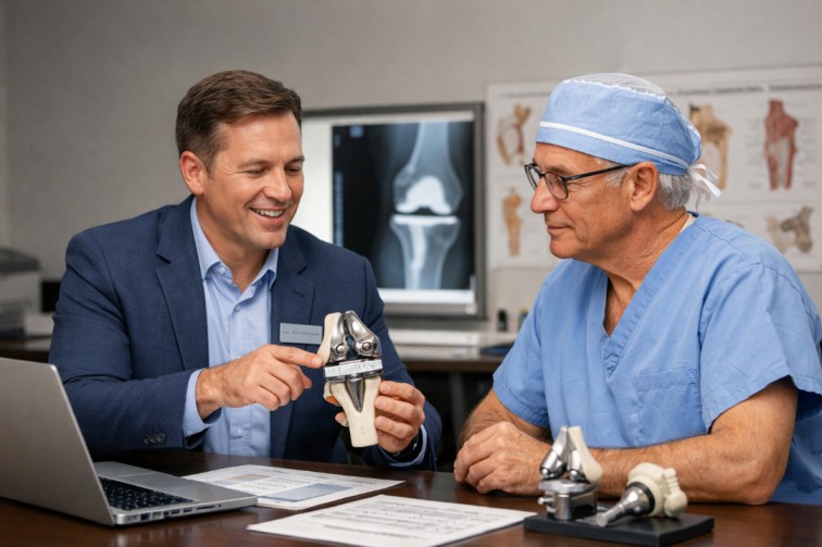Orthopedic sales rep discussing surgical implant options with a doctor.