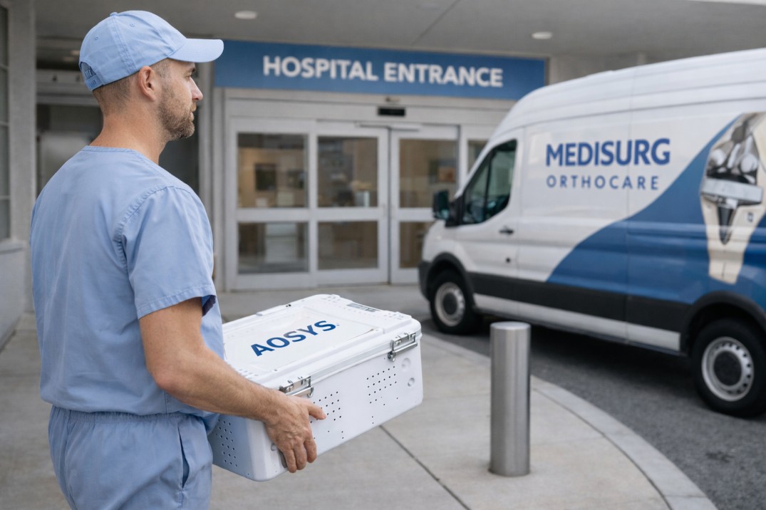 Urgent medical courier delivering orthopedic surgical trays to a hospital.