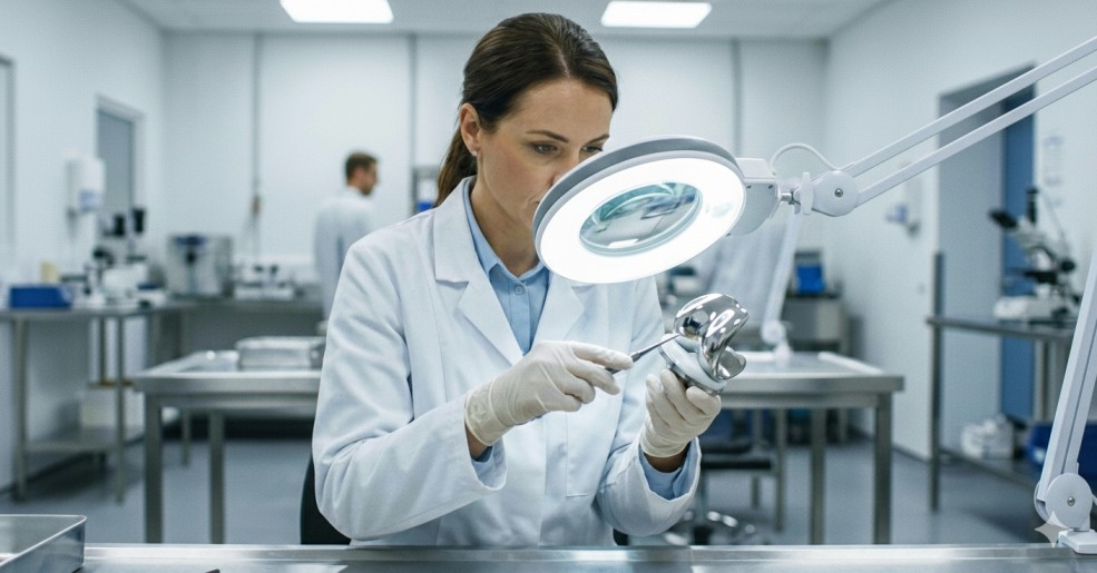 Quality assurance team inspecting orthopedic surgical instruments for defects.