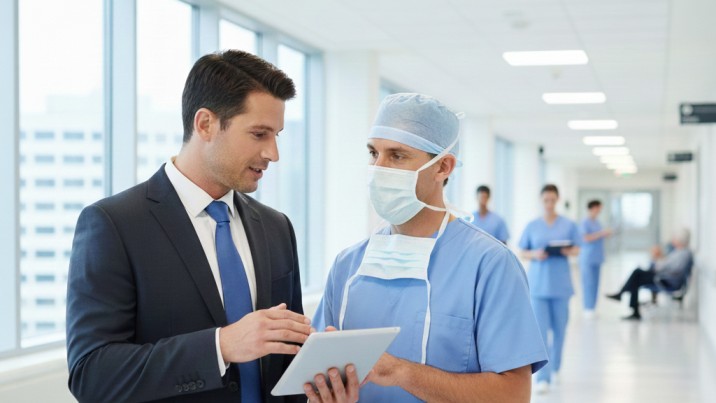 Orthopedic distributor representative consulting with a surgeon in a hospital hallway.