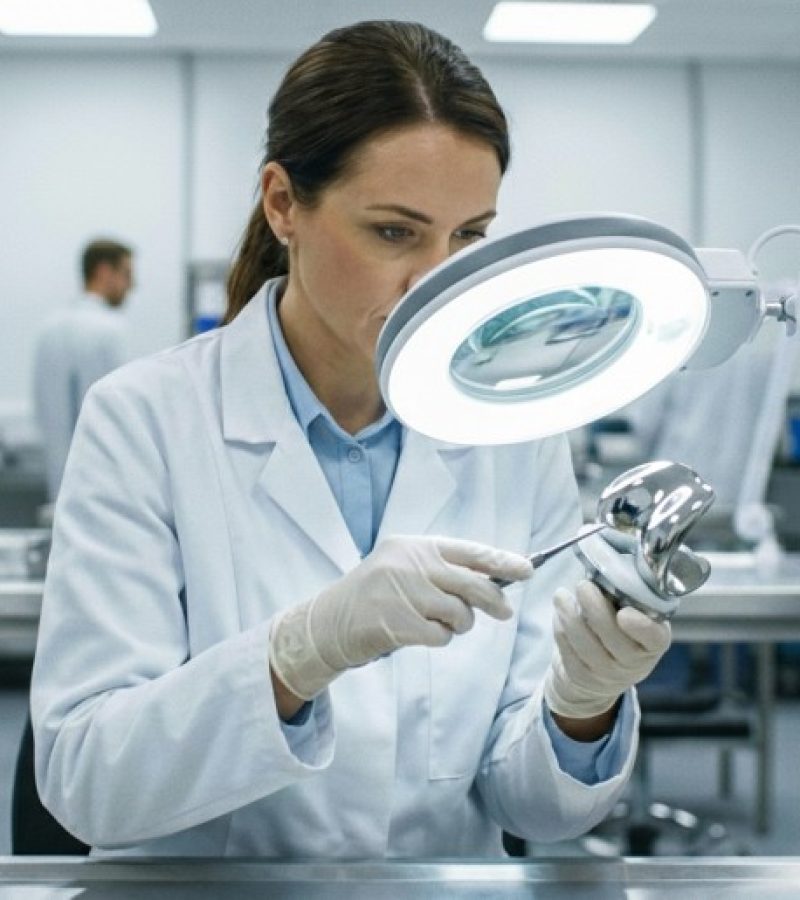 Quality assurance team inspecting orthopedic surgical instruments for defects.